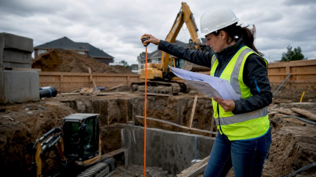 Engineer reviewing underpinning excavation site blueprint