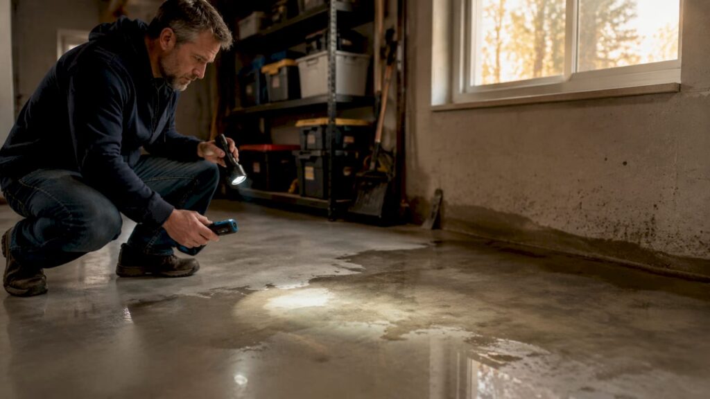 Homeowner inspecting damp basement wall