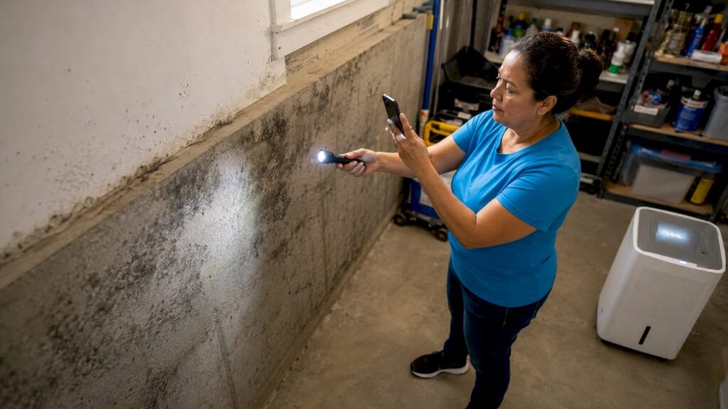 Woman inspecting mold in basement
