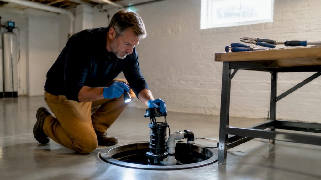 Man inspecting sump pump in basement
