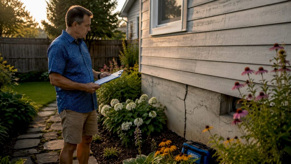 Homeowner inspecting foundation cracks outdoors
