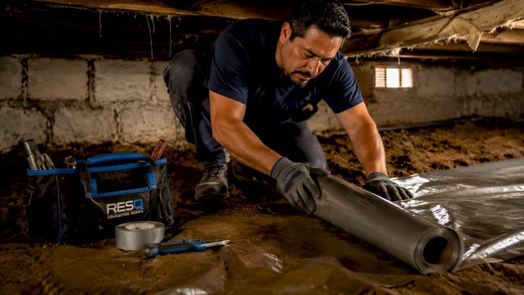 Worker installing vapor barrier in crawl space