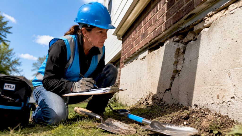 Engineer inspecting damaged home foundation
