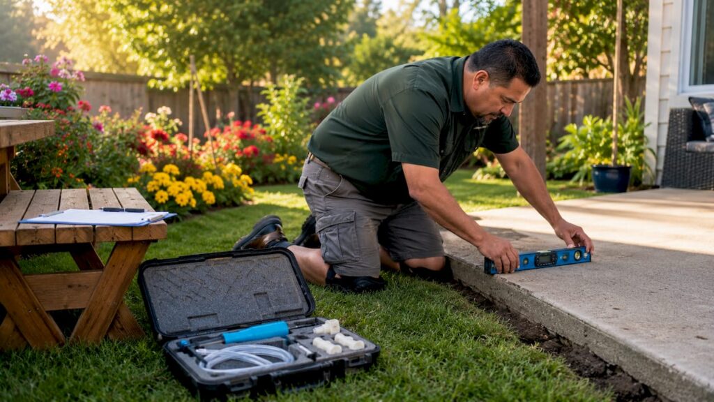 Contractor measuring sunken concrete slab