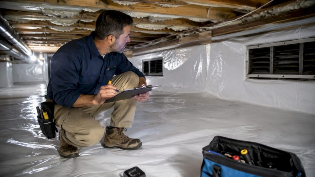 Home inspector evaluating encapsulated crawl space