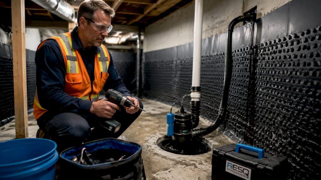 Contractor inspecting basement waterproofing system installation