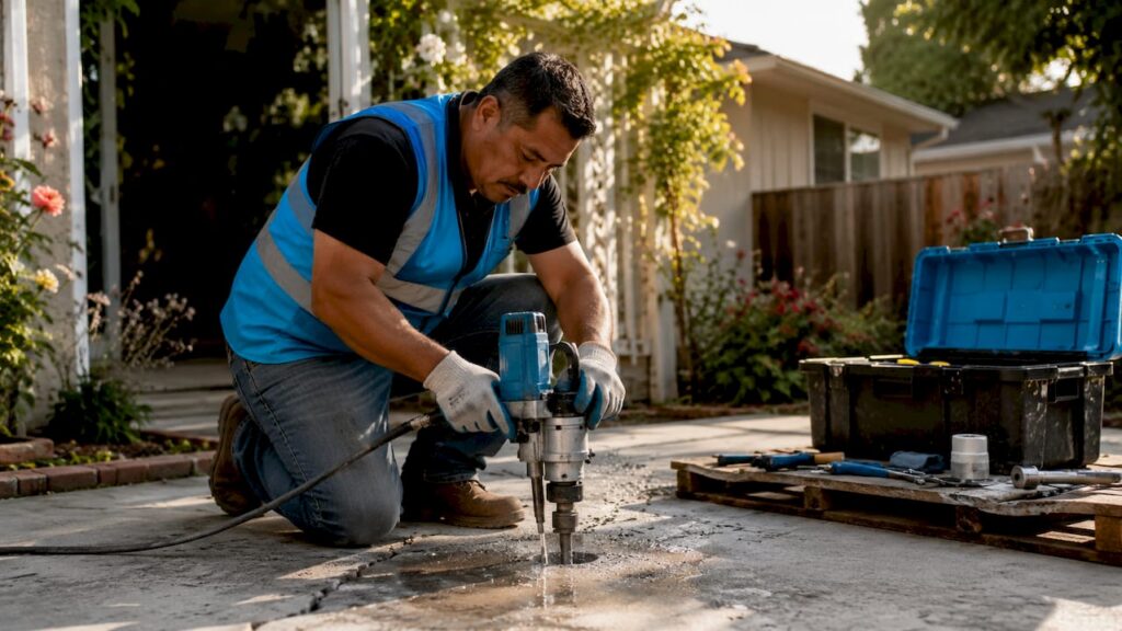 Contractor drilling holes in sunken concrete driveway
