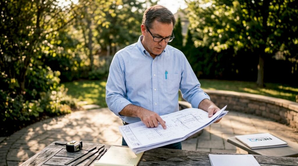 Engineer reviewing foundation repair blueprints