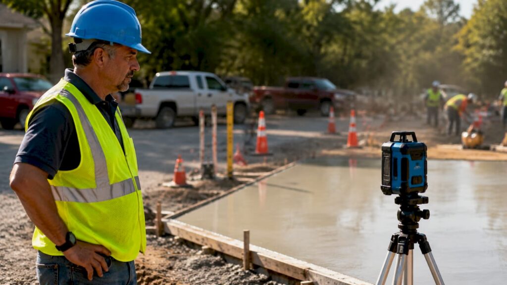 Supervisor inspecting freshly leveled parking concrete