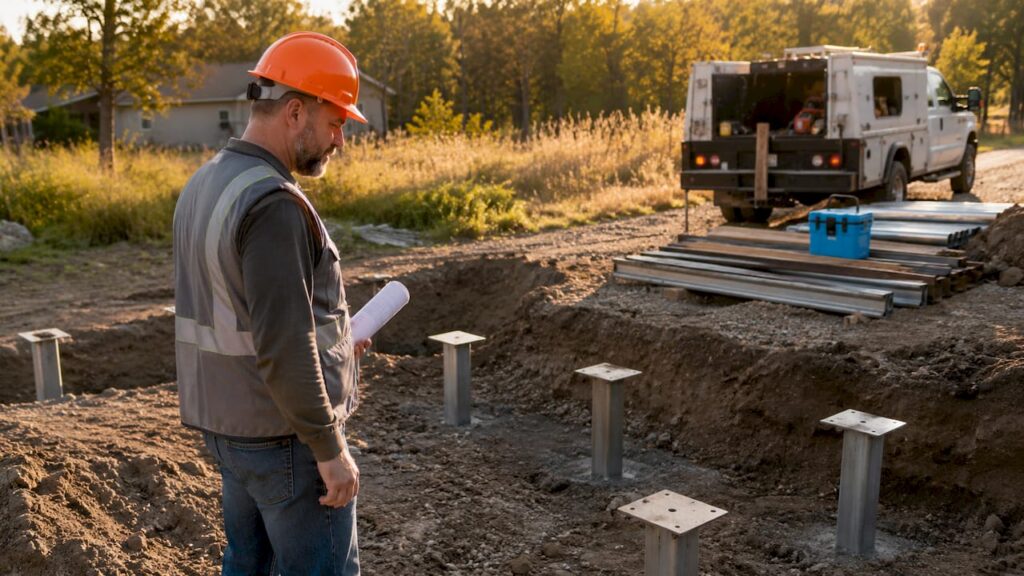 Engineer inspecting foundation piers at construction site
