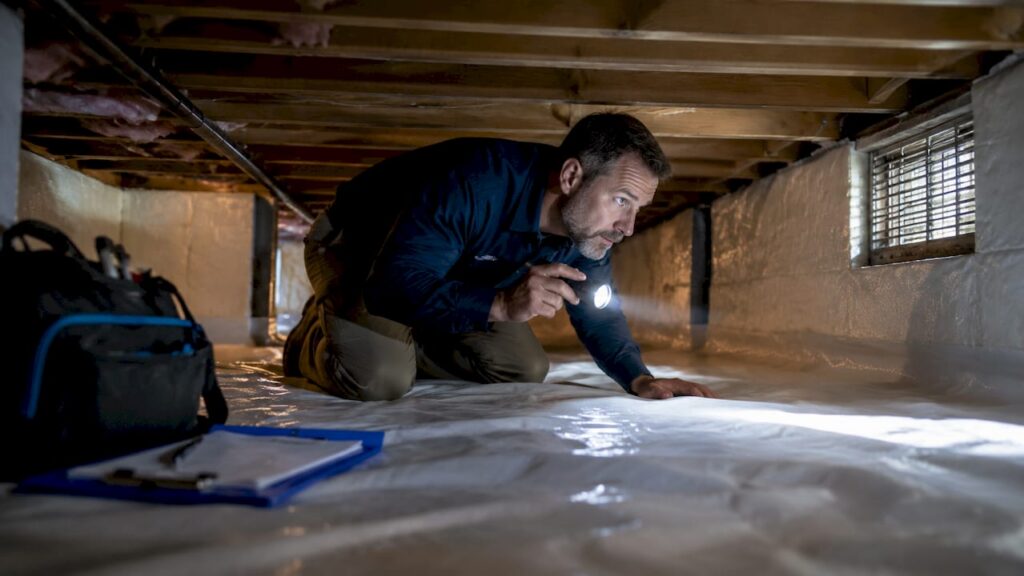 Home inspector inspecting sealed crawl space