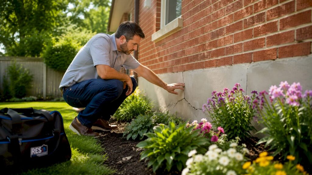 Homeowner inspecting cracked house foundation