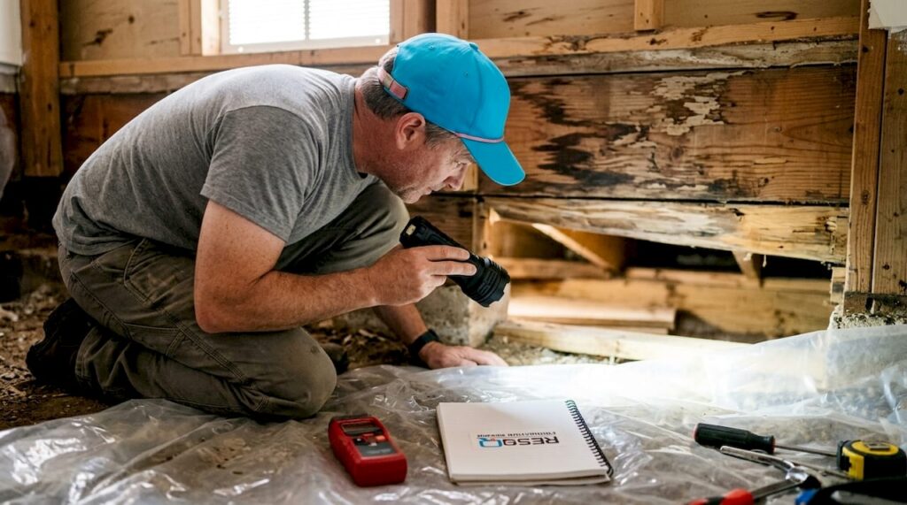 Landlord inspecting rental property crawl space