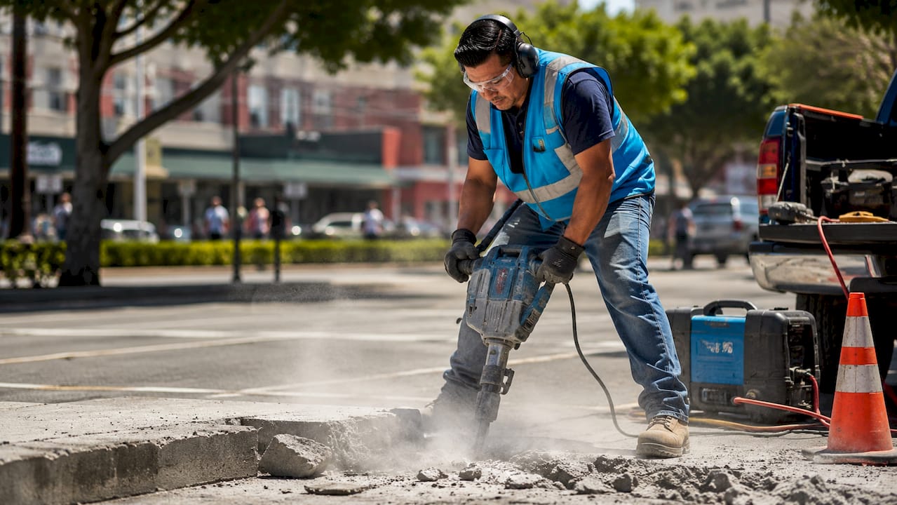 Worker using jackhammer to demolish concrete slab