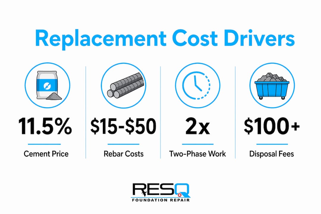 Infographic showing major factors driving concrete replacement costs