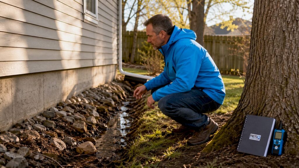Home inspector examines foundation water drainage