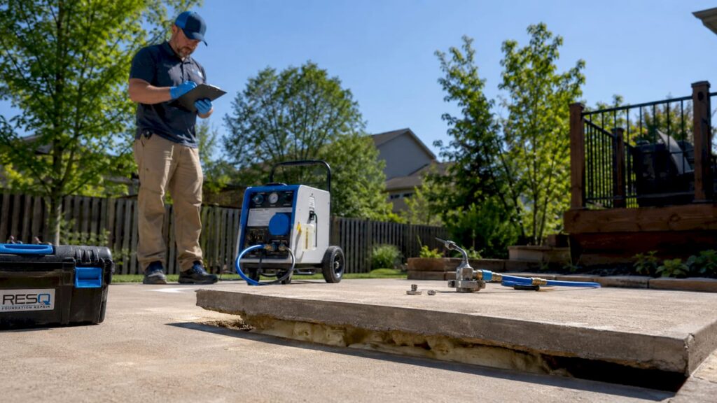 Contractor inspecting foam-leveled driveway