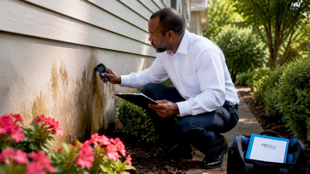 Inspector checking basement water stains
