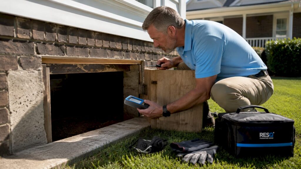 Home inspector examining crawl space entry