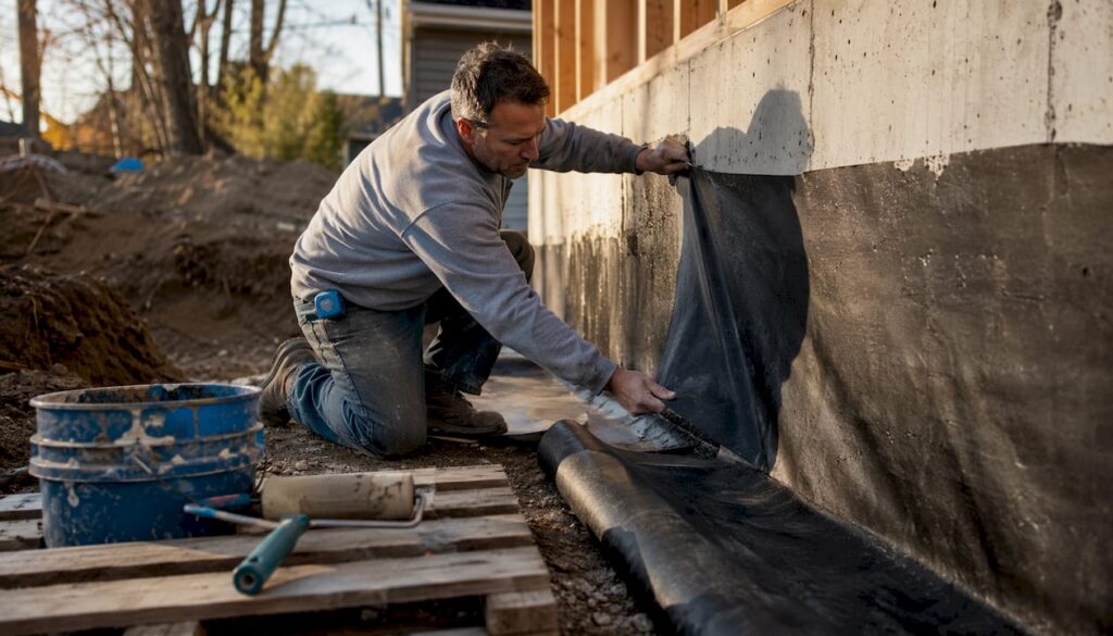 Worker unrolling waterproofing membrane on foundation wall