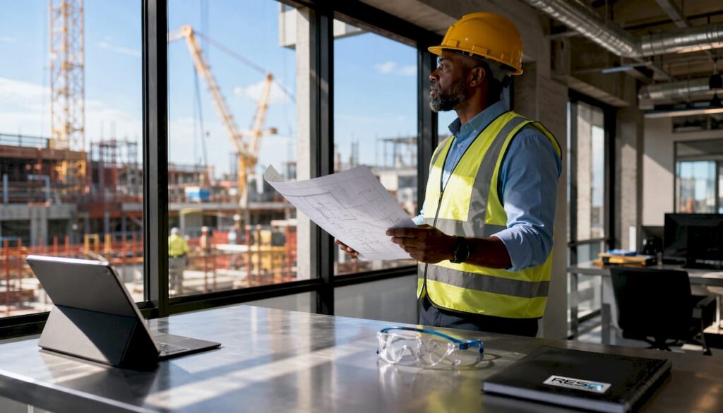 Project manager reviewing blueprints in industrial trailer