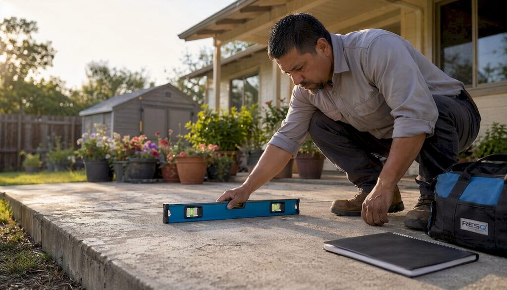 Inspector checking concrete slab level outdoors