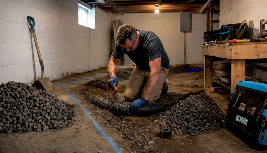 Man cutting drainage pipe in basement