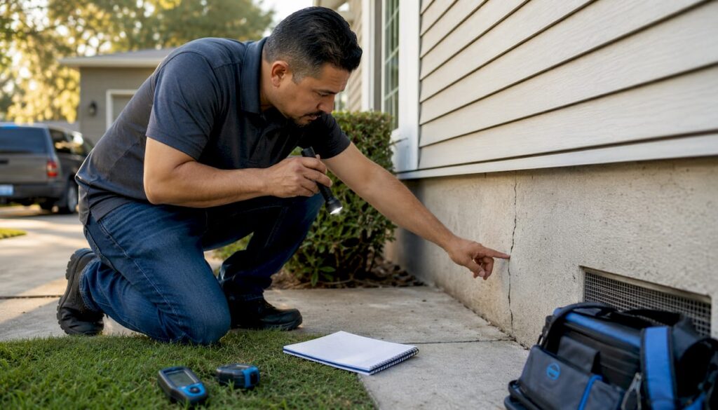 Hispanic man inspecting basement foundation cracks