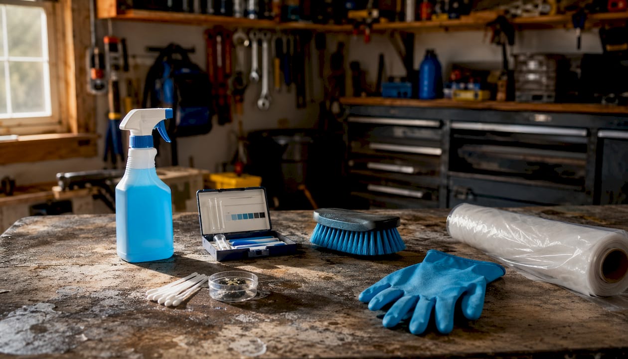Mold cleanup tools on basement workbench