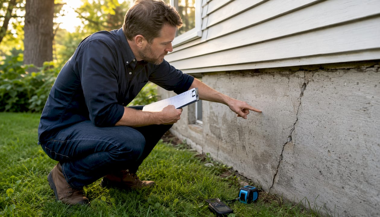 Home inspector examining foundation crack