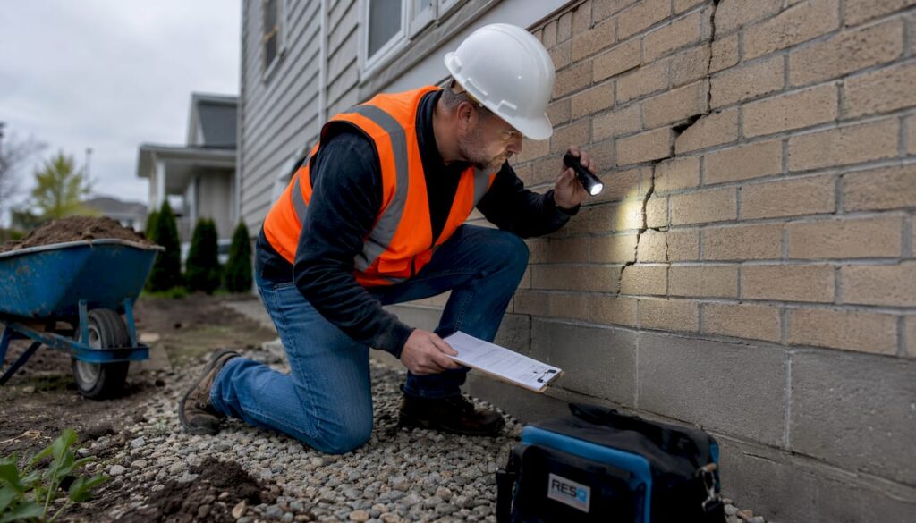 Home inspector examining foundation cracks