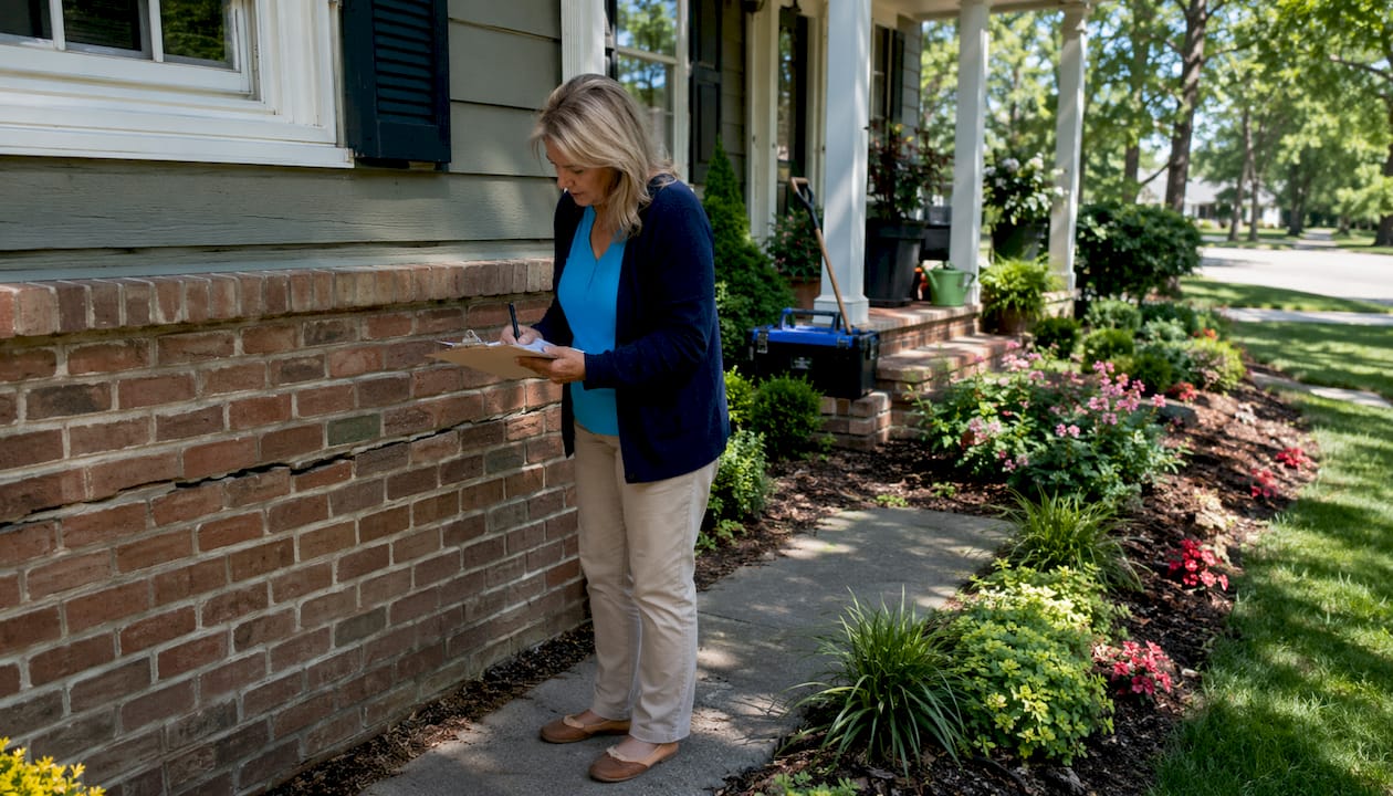 Appraiser inspecting house foundation cracks