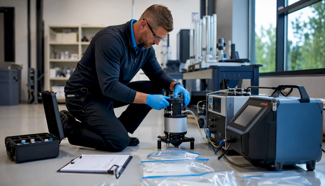 Hands calibrating professional air quality testing device