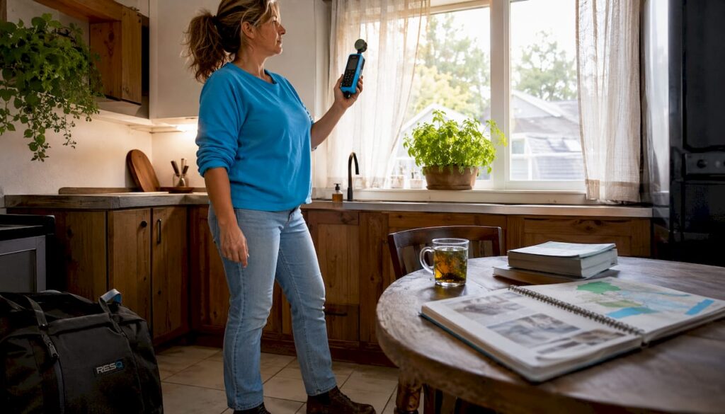 Woman testing indoor air quality at home
