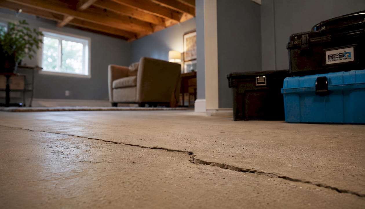 Close-up detail of straight basement floor crack