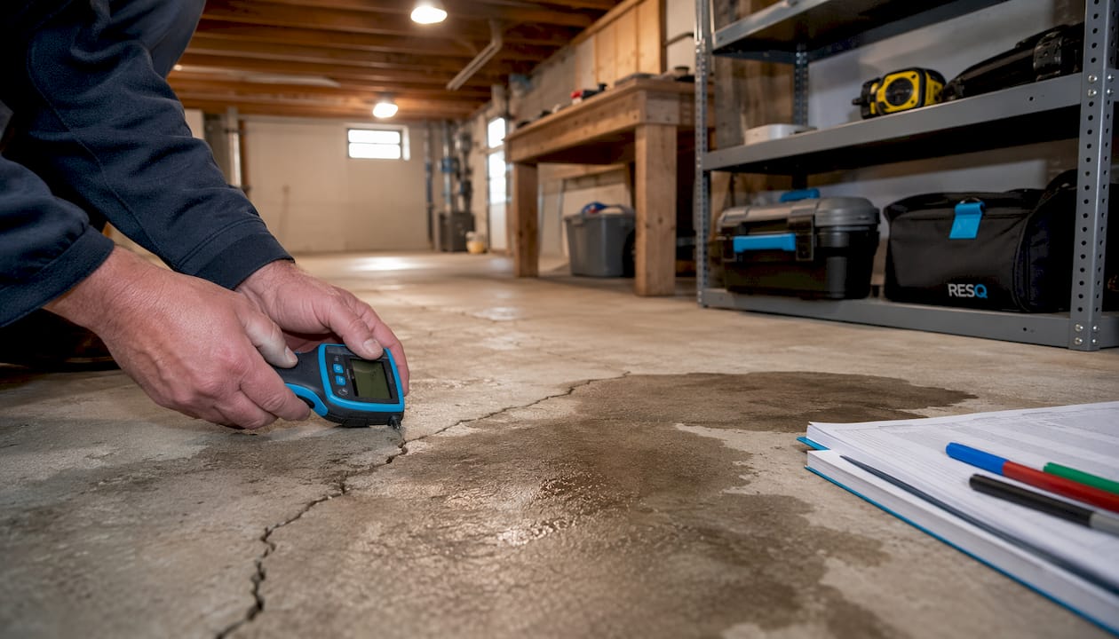 Hands using moisture meter on basement crack