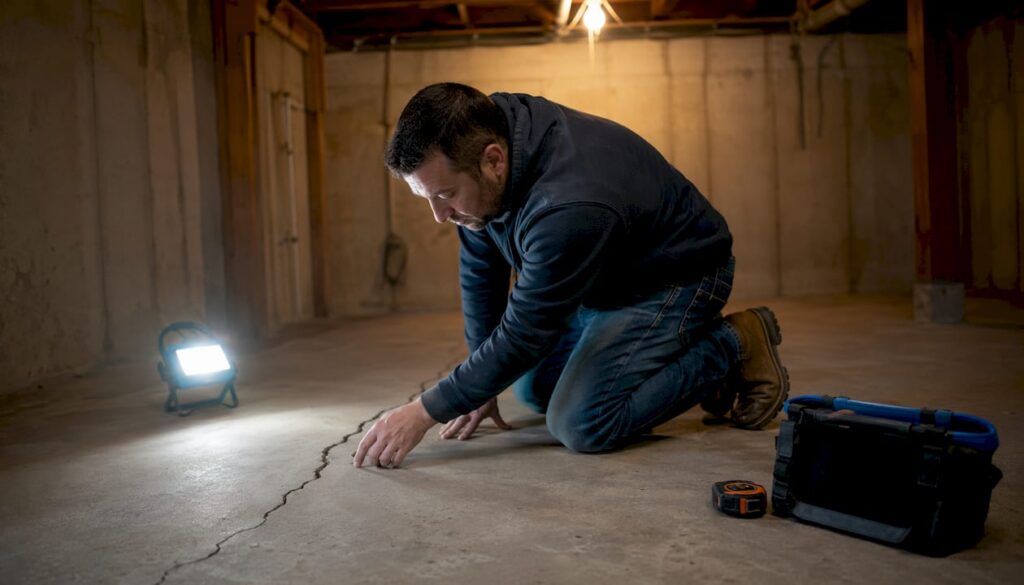 Homeowner inspecting crack in basement floor