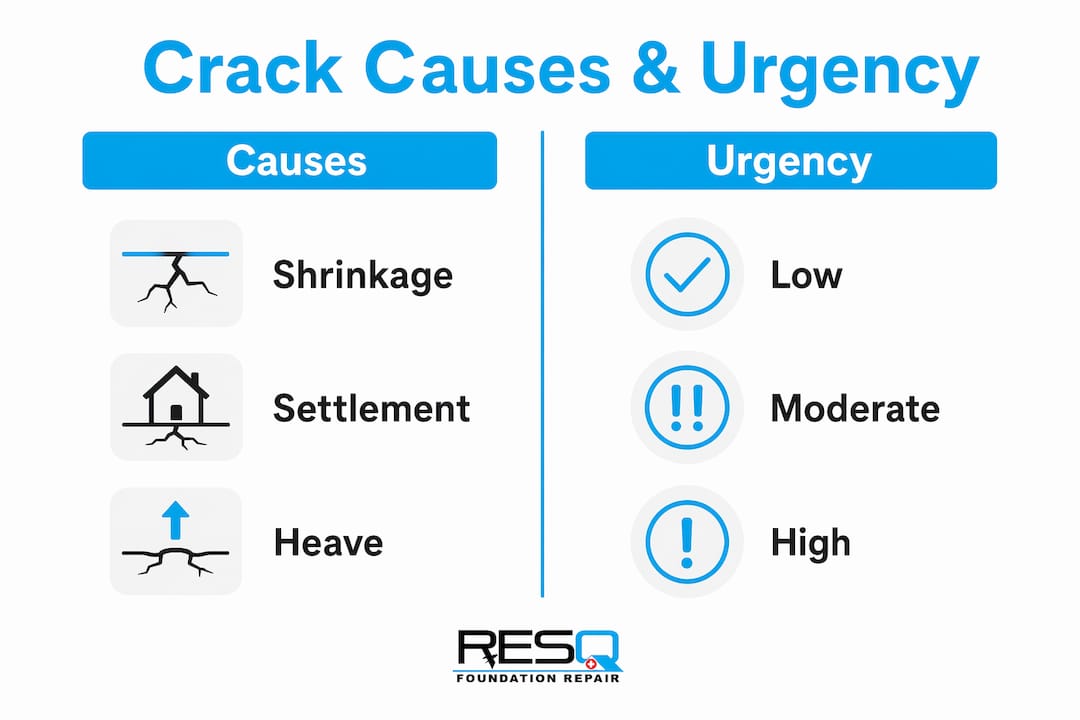 Infographic showing basement crack causes and urgency
