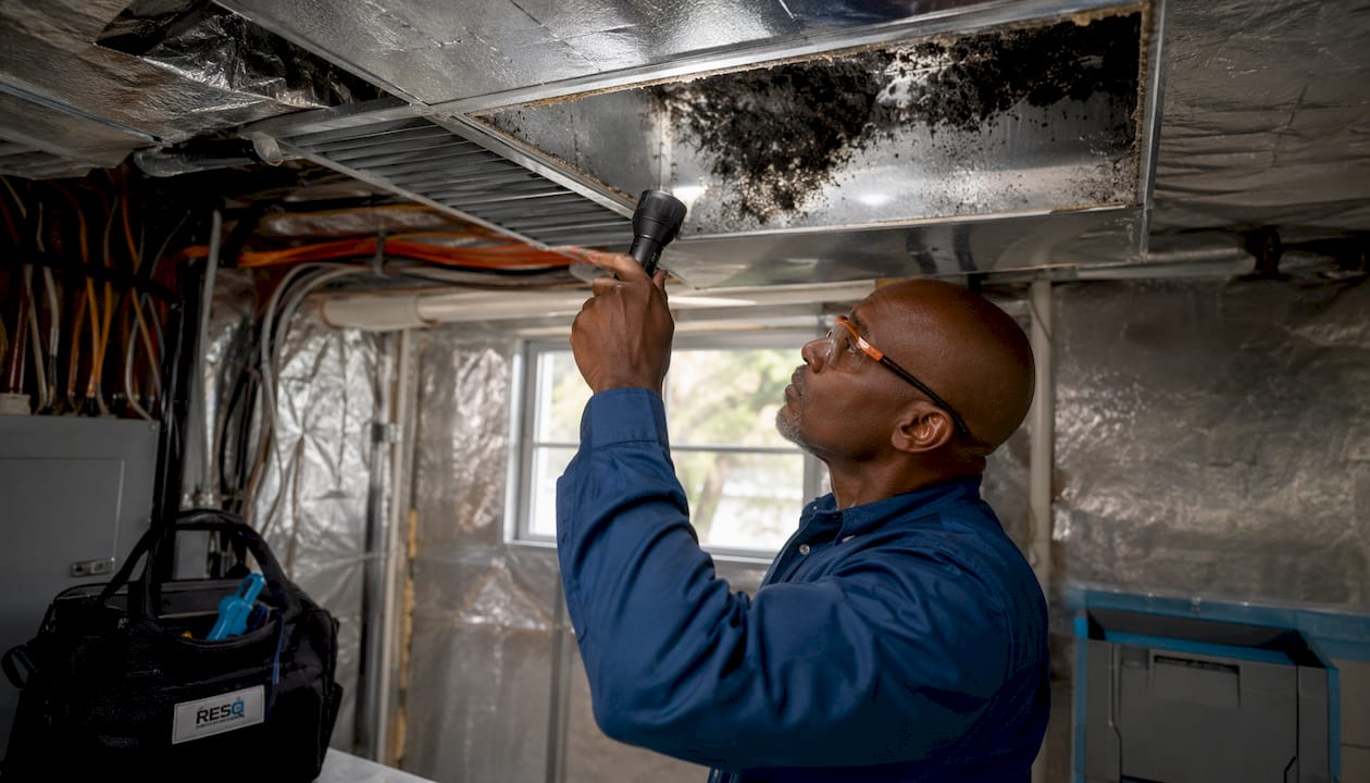Technician inspecting mold inside HVAC duct