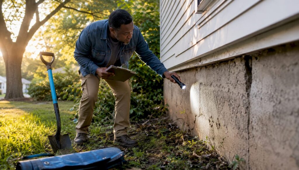 Inspector checking home's exterior foundation wall