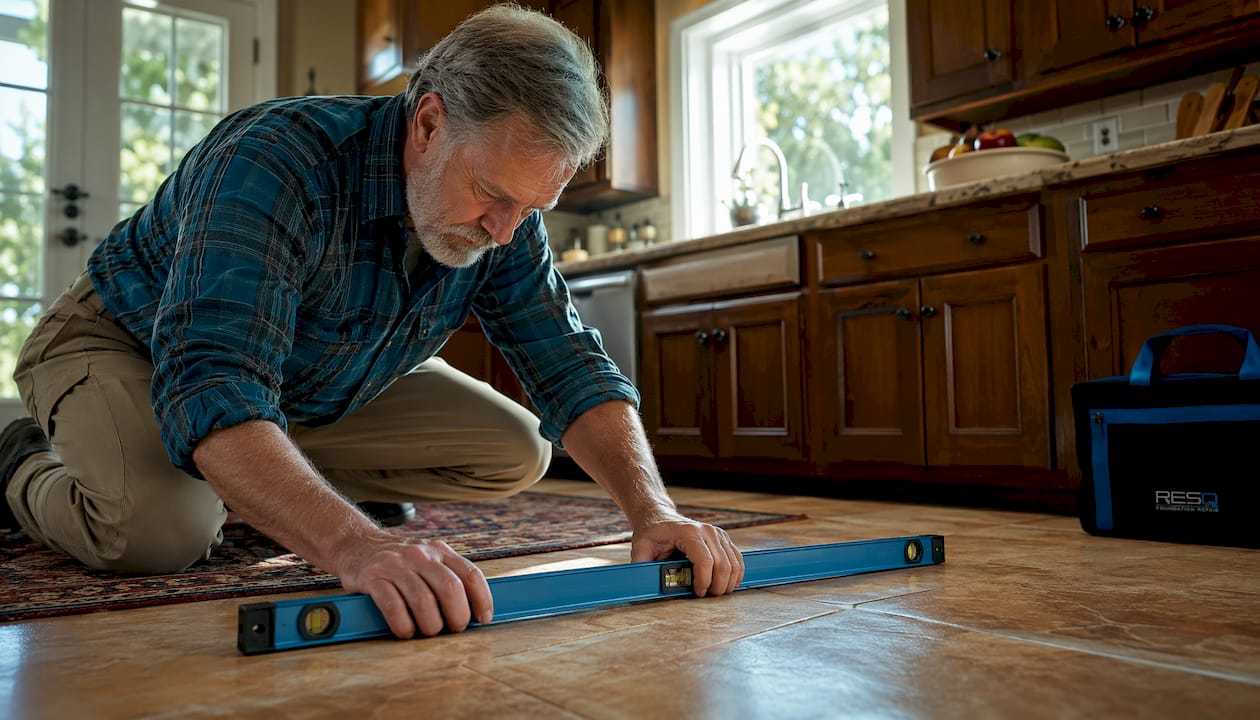Senior man checking floor level inside home