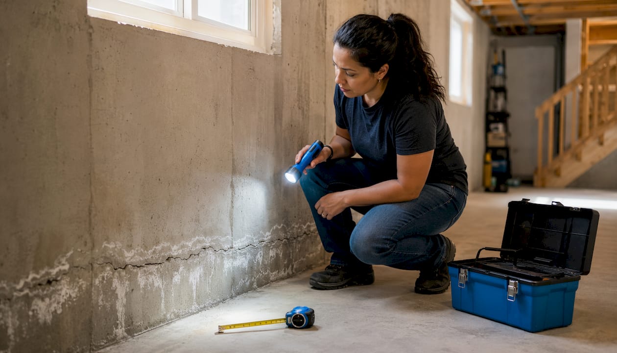 Woman inspecting basement foundation cracks with flashlight