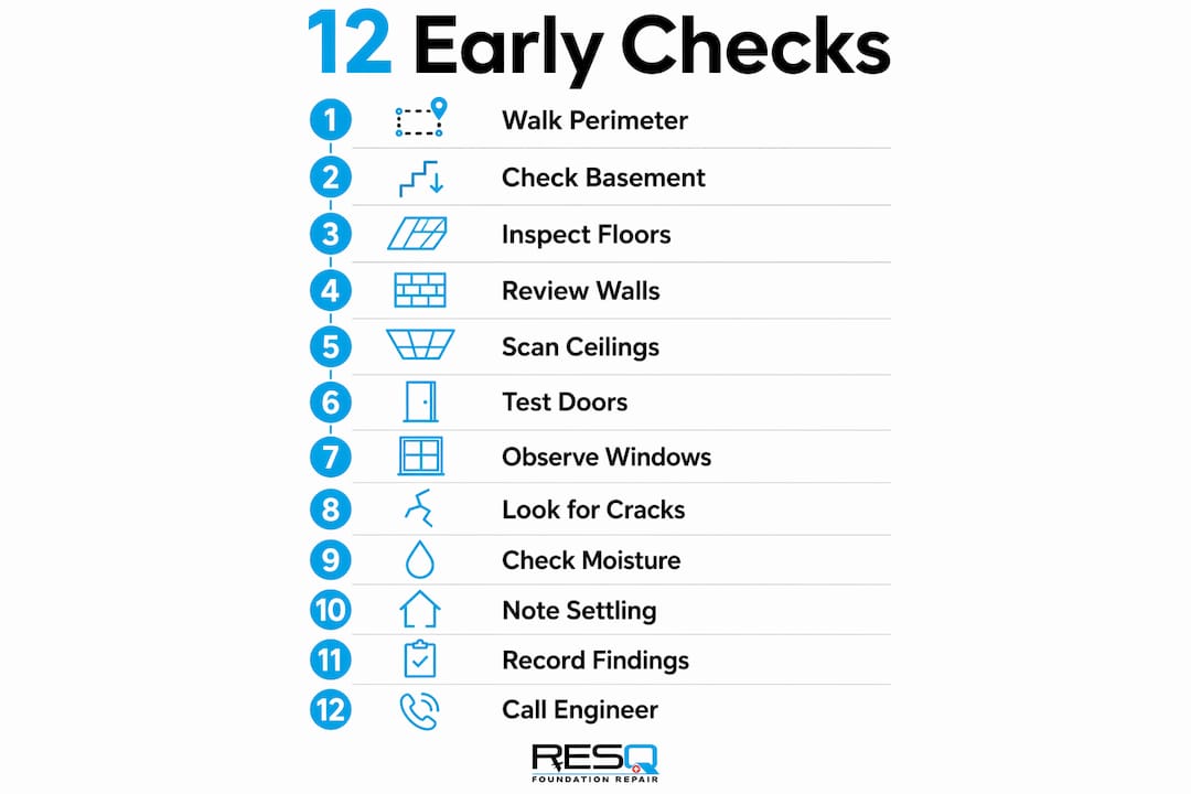 Infographic illustrating 12 early foundation inspection checks