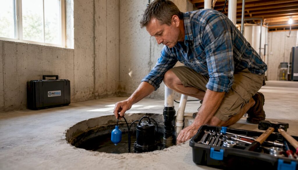 Homeowner examining sump pump pit in basement