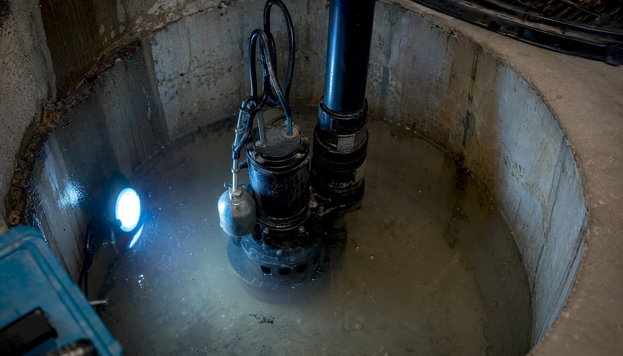Close-up of submersible sump pump in pit