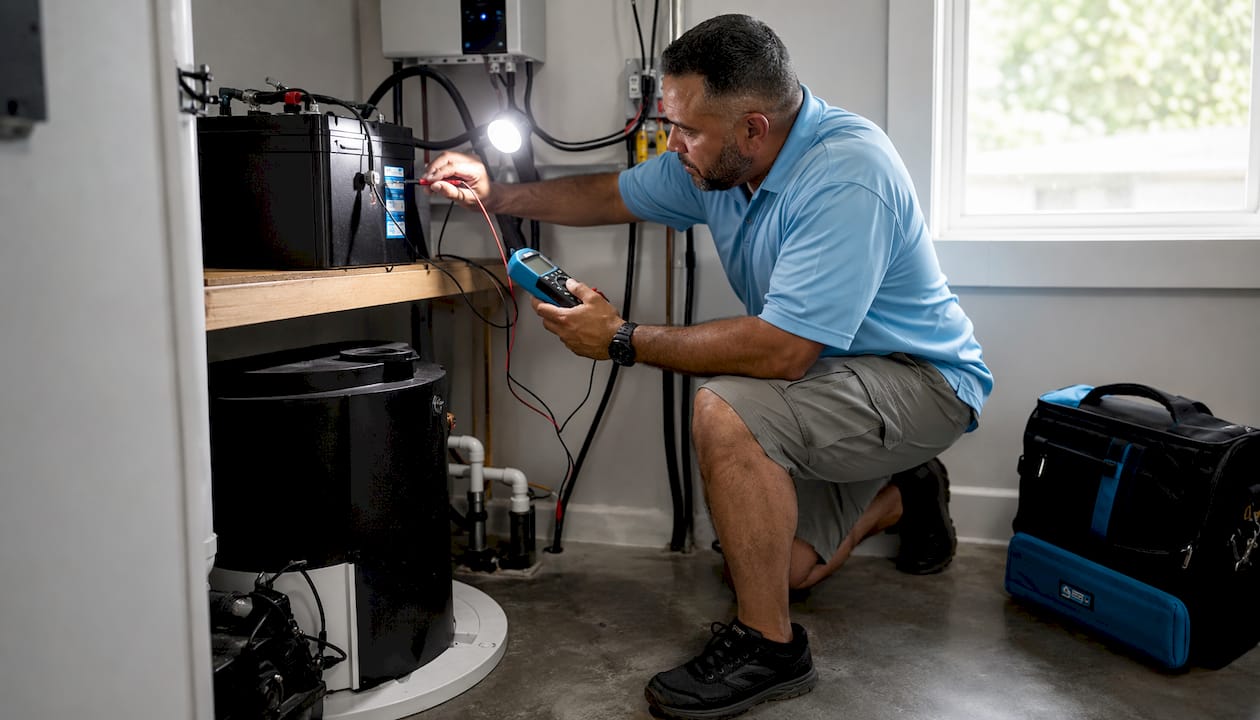 Technician checking sump pump battery backup system