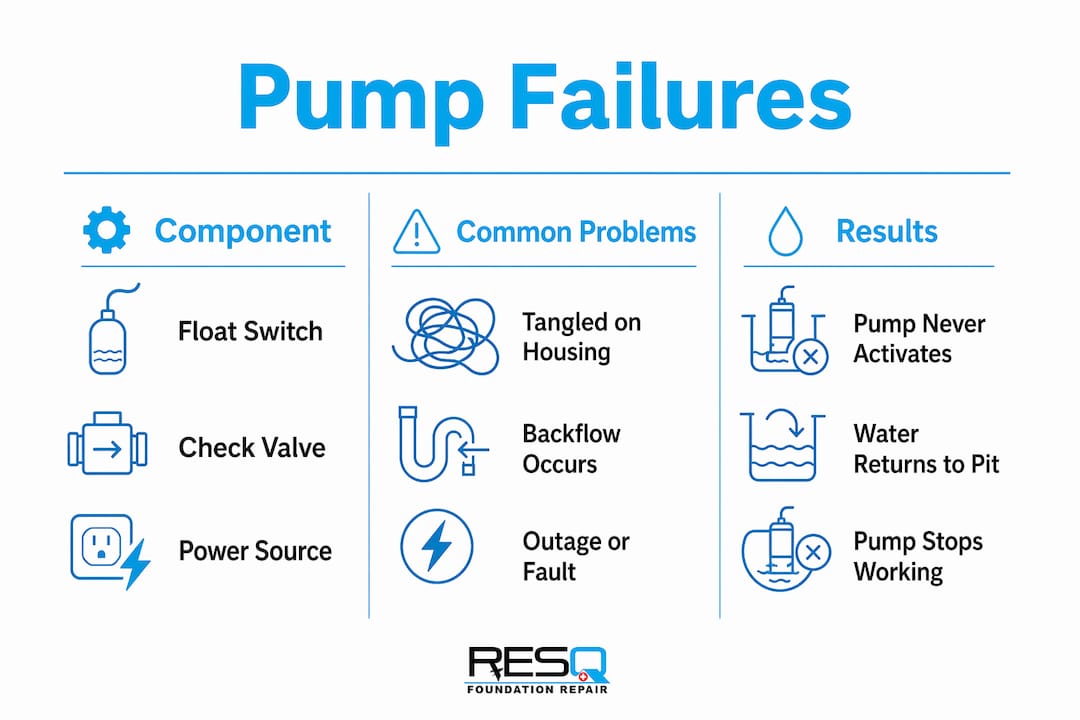 Infographic comparing sump pump components, problems, and results