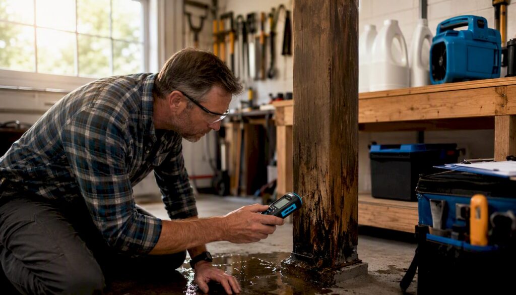 Home inspector checking water damage in basement