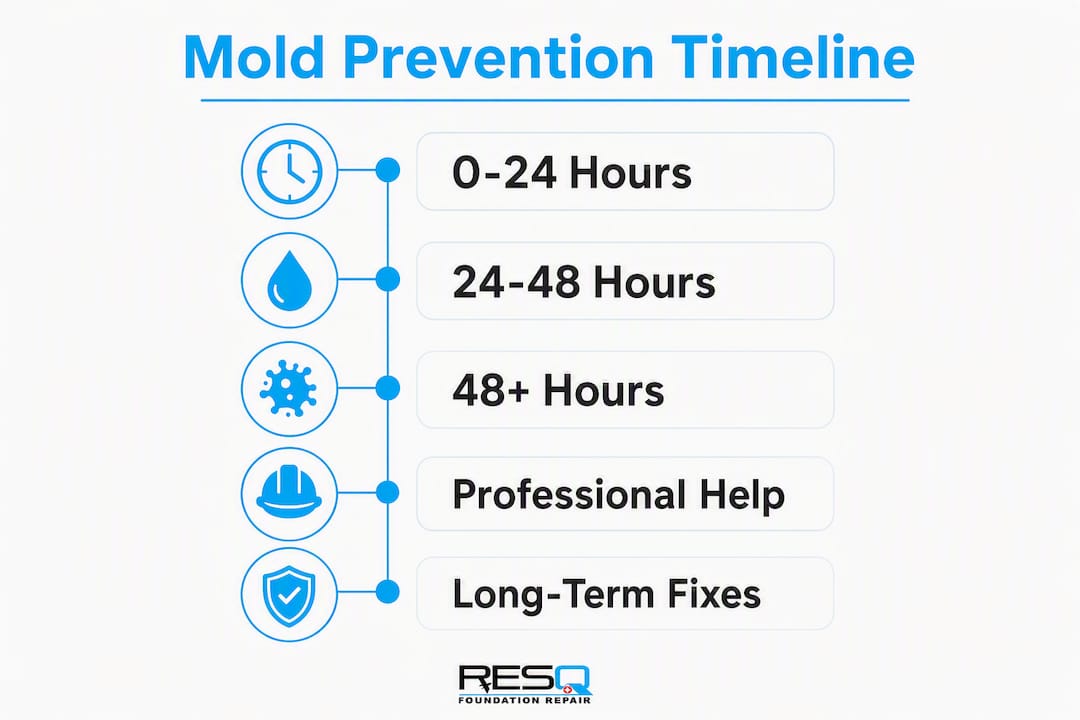 Infographic showing timeline of mold prevention steps after water intrusion