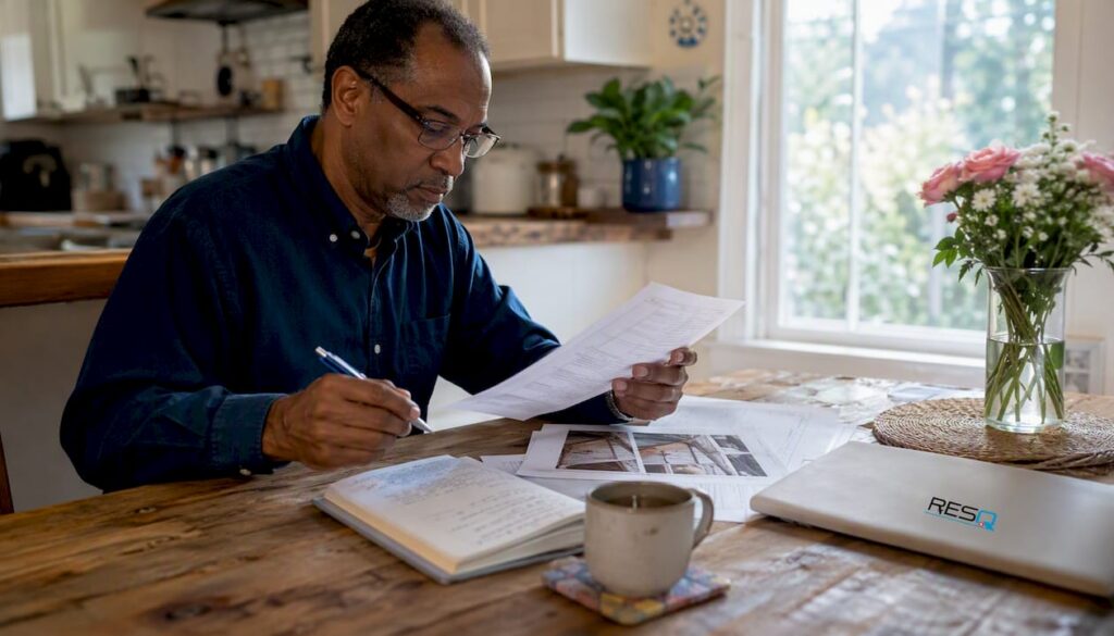 Landlord reviewing structural damage documents at table